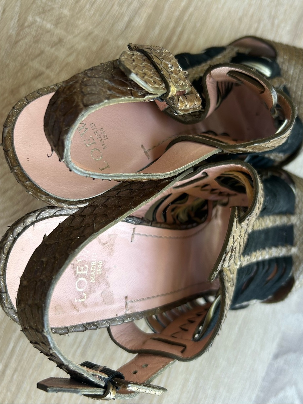 LOEWE Metallic Bronze & Black Woven Leather Slingback Sandals Y2K - Picture 6 of 8
